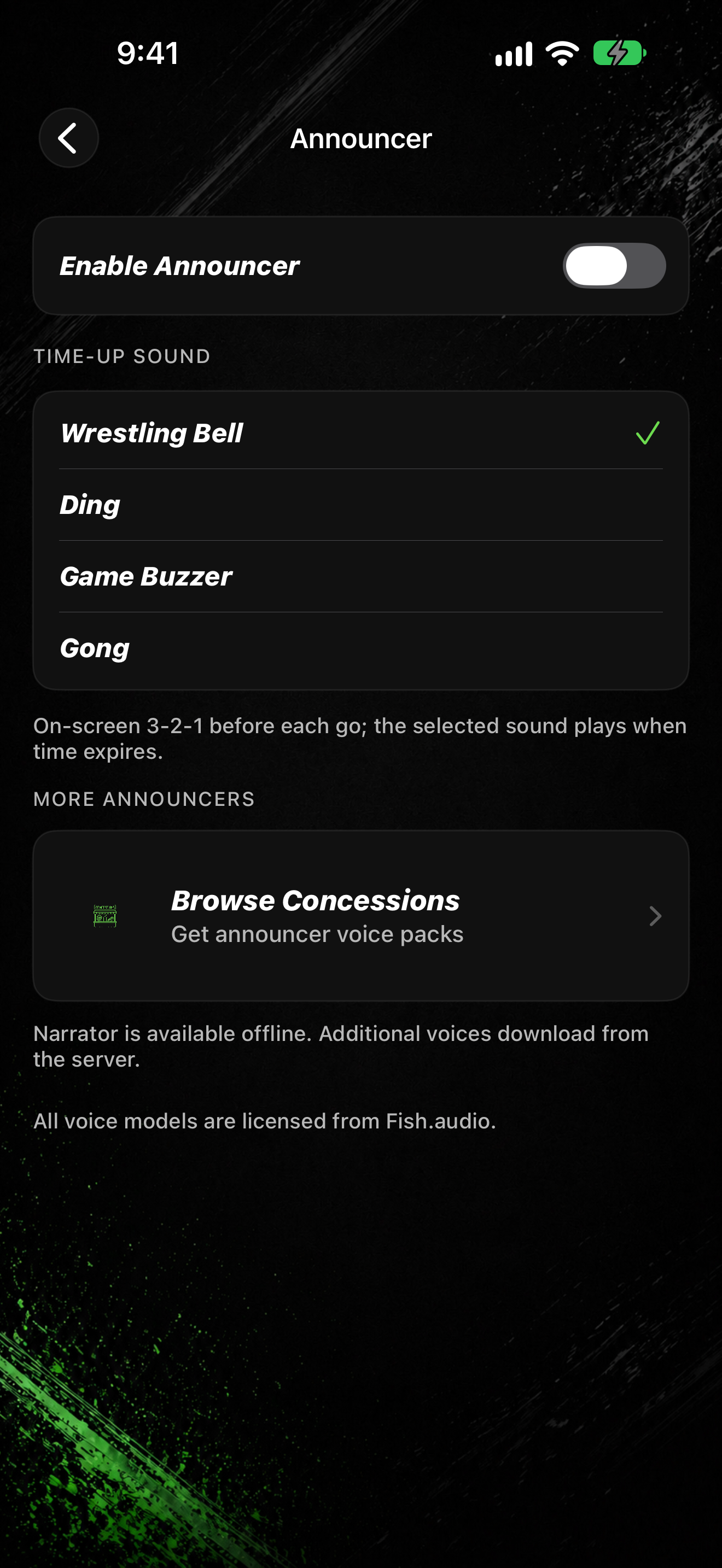 Settings Announcer with Time-Up Sound list