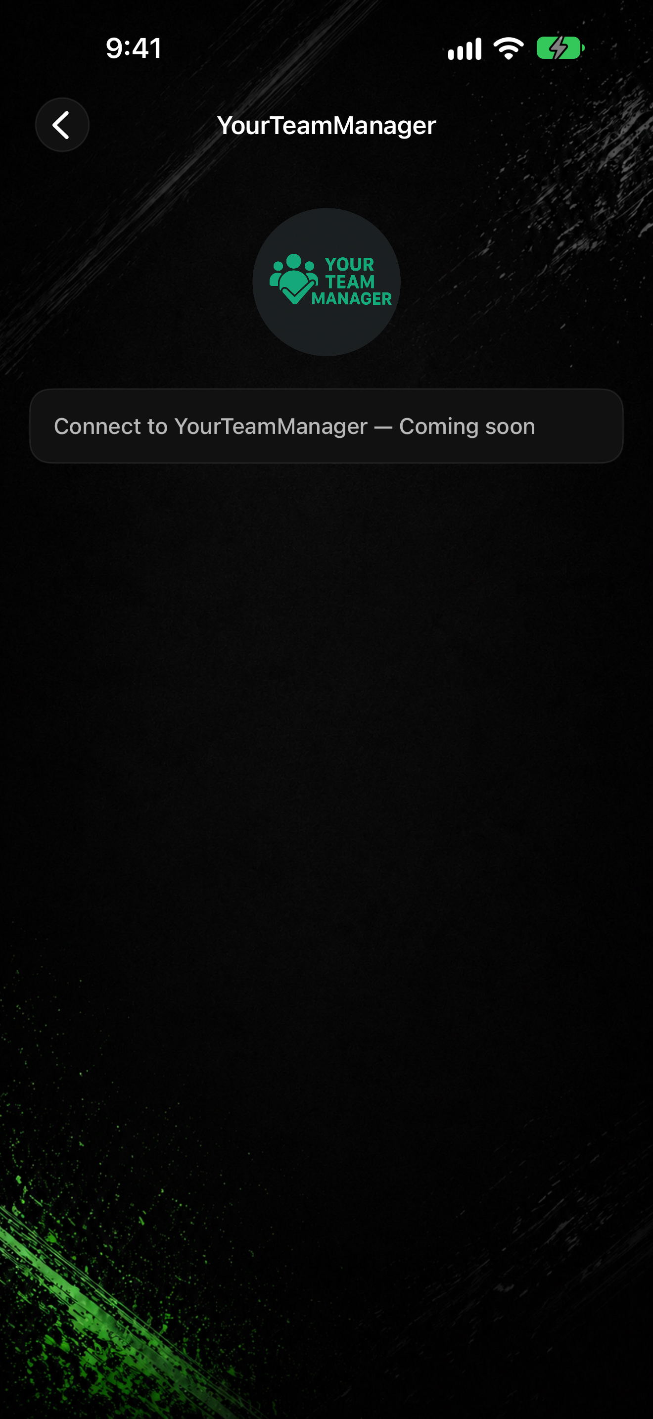 YourTeamManager screen with Connect to YourTeamManager Coming soon