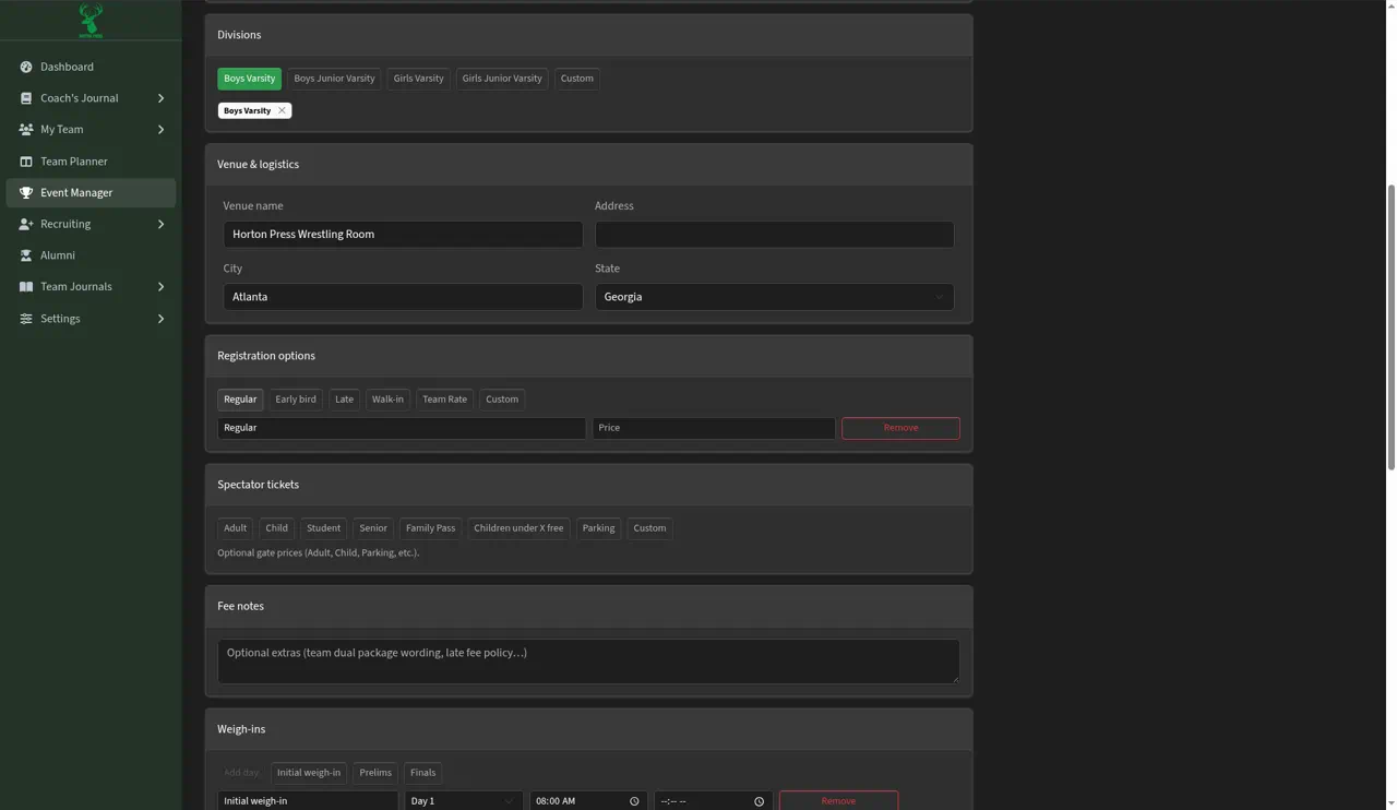 Venue, registration options, spectator tickets and fee notes