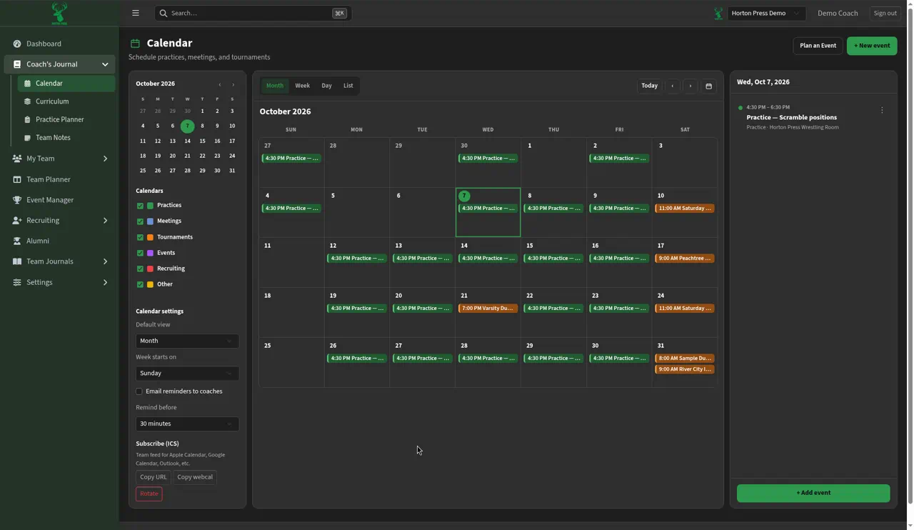 Calendar showing the event